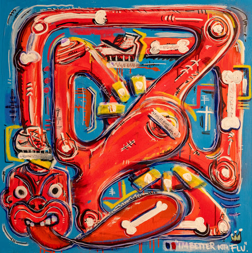 Big Tongue Wobbling — red form on blue ground, tiki with tongue out