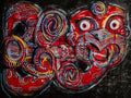 Direct Descendant — acrylic on canvas, dense red and black forms with white eyes