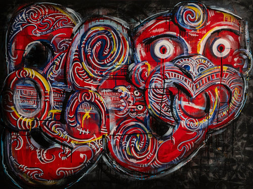 Direct Descendant — acrylic on canvas, dense red and black forms with white eyes