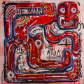 Surreptitious — red forms on pink ground with He Manu, He Tangata, He Atua