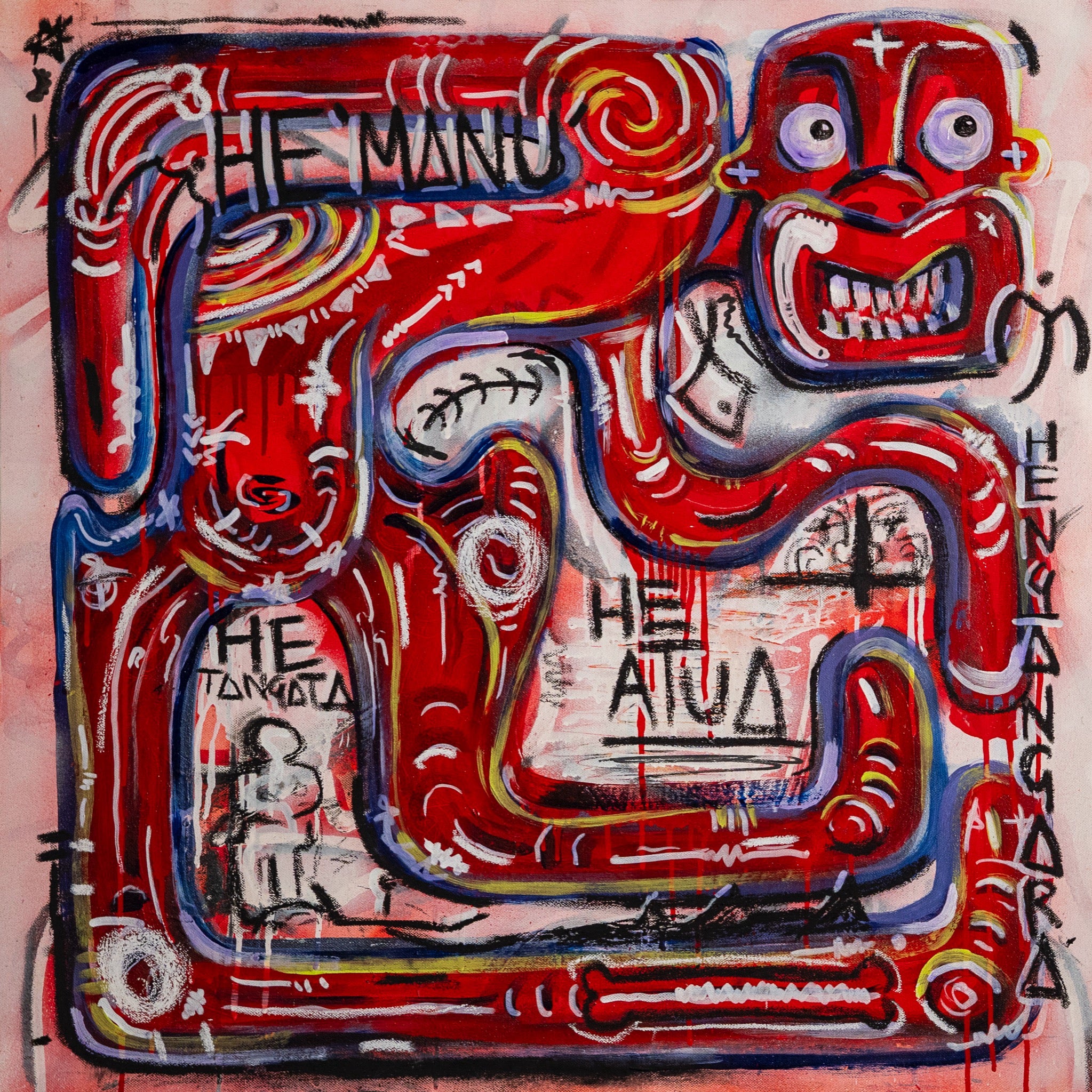 Surreptitious — red forms on pink ground with He Manu, He Tangata, He Atua